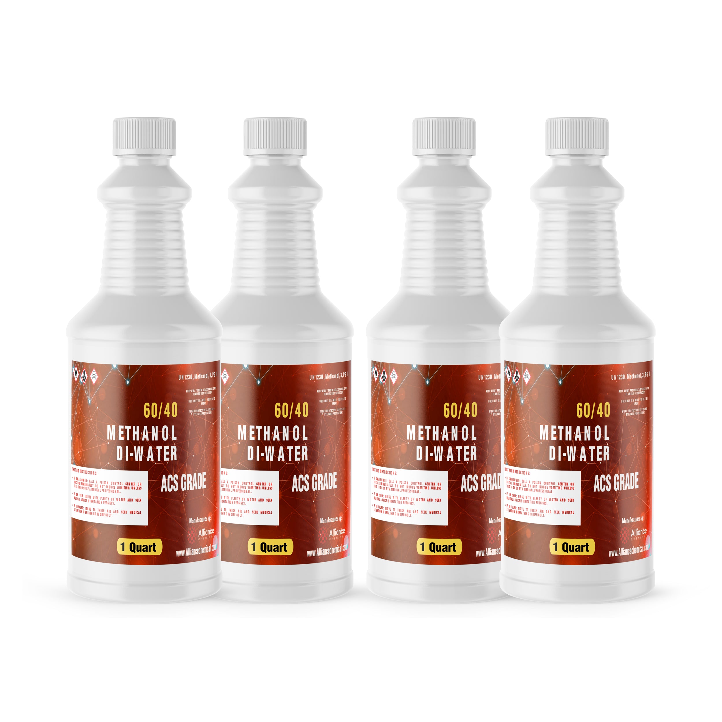 4x1-quart bottles of 60/40 Methanol/DI-Water Solution, ACS Grade, in white HDPE containers with hazard warning symbols, red labels.